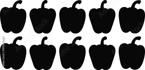 Black silhouette of ten bell peppers arranged in two rows on a white background, isolated vegetable vector icons for culinary design