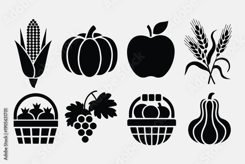 Harvest icon collection. Includes corn, pumpkin, apple, wheat, basket, grapes, pear icons. Created in solid black style with simple shapes.