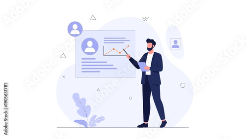 Business man presenting data and growth chart on whiteboard during meeting