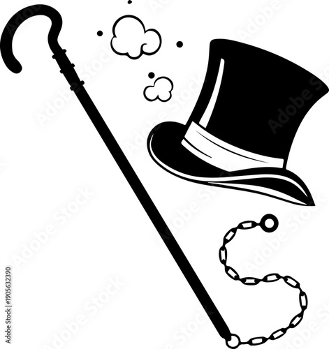 Vintage Magician Set Top Hat Walking Cane and Chain Black Silhouette Vector Graphic