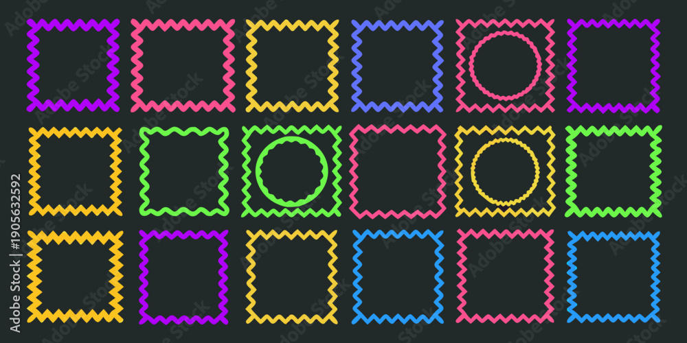 Fototapeta premium Colorful postage stamps arranged in rows on a dark background