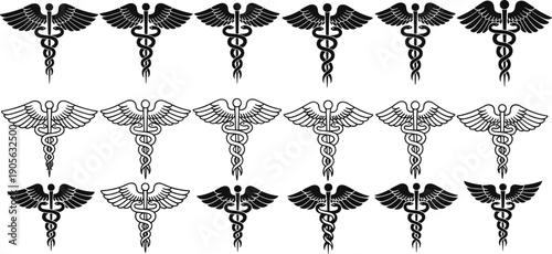 Collection of twelve medical caduceus symbols, featuring professional health icons, winged staffs, and coiled serpents in black and gray vector style