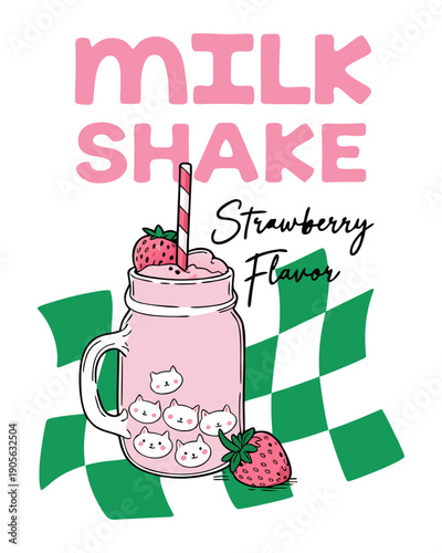 A cute cartoon illustration of a strawberry milkshake in a mason jar with a handle