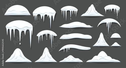 Collection of white snow and ice formations with dripping icicles, winter roof caps, melting edges, frozen elements on gray background,
