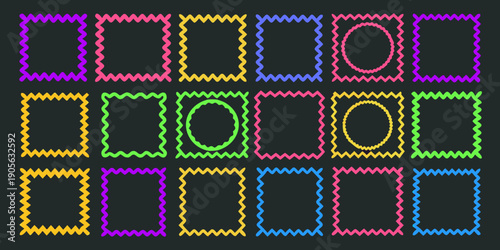 Colorful postage stamps arranged in rows on a dark background