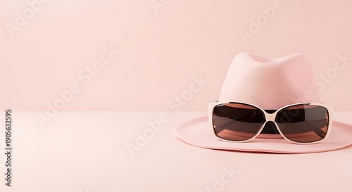 A stylish pair of sunglasses and a white hat on a pink background