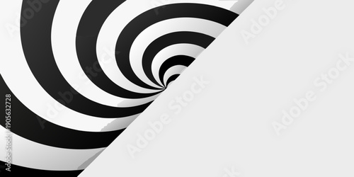 Optical illusion of a swirling black and white vortex with a folded corner