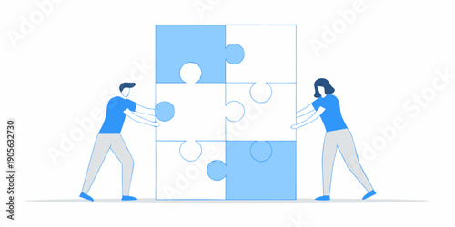 Two people collaborating to connect puzzle pieces in a minimalist style