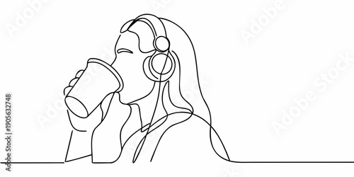 Line art illustration of a woman listening to music and drinking