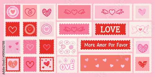 A collection of pink postage stamps featuring hearts and love messaging