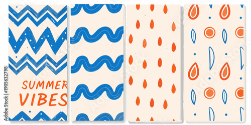 Four patterned rectangular cards with summer vibes text