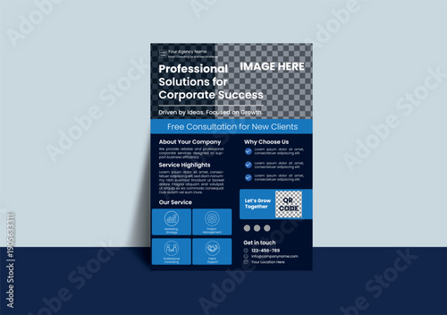Clean blue corporate flyer design with multiple sections. Professional business advertisement for consulting agency