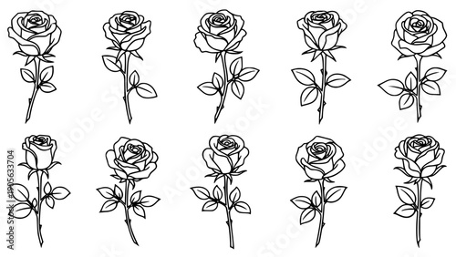 Set of ten black and white outline illustrations depicting classic single stem roses with leaves and thorns, perfect for tattoo design or coloring book pages