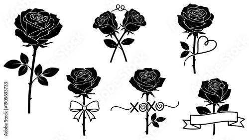 Collection of elegant black and white rose silhouette vector graphics featuring various stem designs for romantic crafting projects and tattoo inspiration