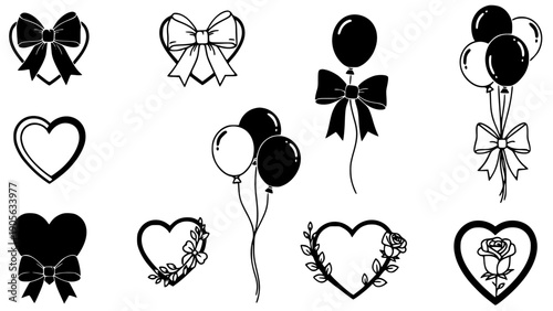 Collection of black and white graphic design elements featuring romantic hearts adorned with elegant bows, festive balloons, and detailed floral rose wreaths for crafting