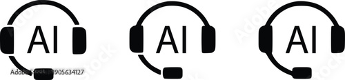 AI customer support assistant icon set, vector illustration of artificial intelligence call center headset symbols, virtual chatbot or helpline service isolated on white background.