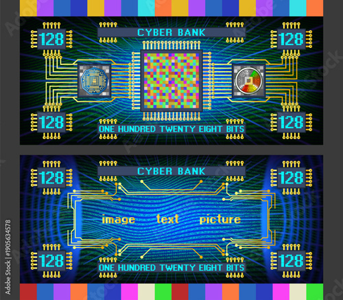 Vector obverse and reverse of futuristic abstract electronic banknote. Digital money. Cyber bank, denomination 128 bits. Bright glowing radiant screen. Graphic computer chip, pixels. Sample
