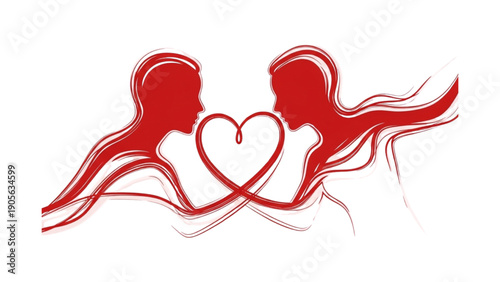 Striking red silhouette vector illustration depicting a loving couple facing each other with an interwoven heart shape symbolizing romance and passion