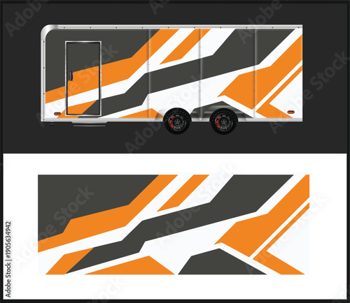 Trailer vinyl wrap design with orange black and white graphics