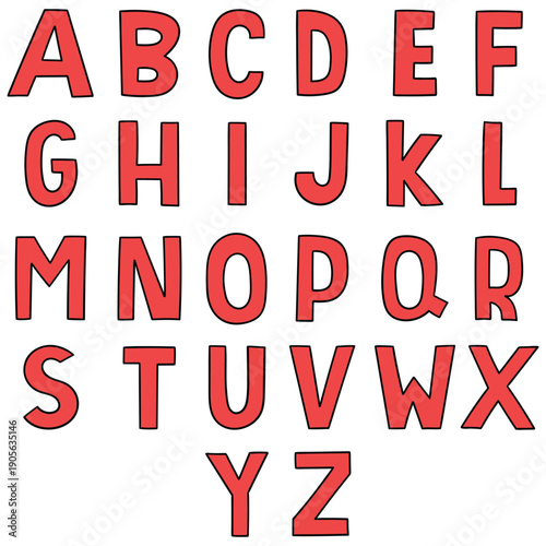 Hand-drawn cartoon set of red english letters alphabet on white background.