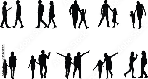 People and family silhouettes walking and interacting together, parents with children, lifestyle moments, communication, bonding, minimal black white illustration