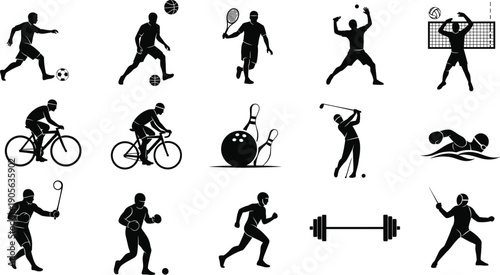 Sports Silhouette Icon Collection Diverse Athletic Activities Soccer Basketball Tennis Volleyball Cycling Swimming Boxing Running Weightlifting Fencing Graphic Se