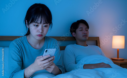 夫が寝ている間に携帯を見る妻