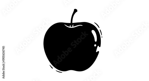 Black Silhouette of Apple with Stem on White Background