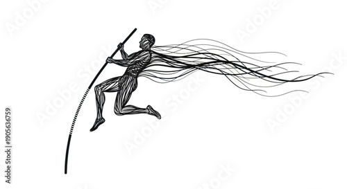 Athletic Pole Vault Silhouette with Flowing Hair and Motion Lines