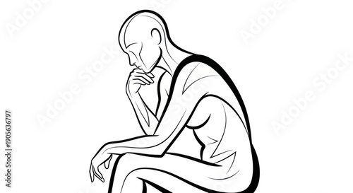 Minimalist line art of a person in deep thought, seated pose, contemplative mood