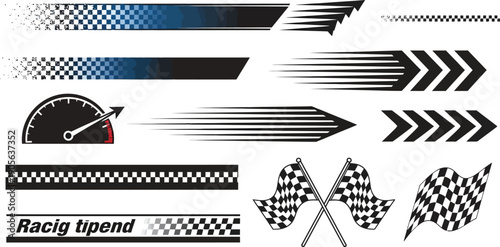 Racing Stripe Vector Set with Checkered Flags, Speed Lines, Arrows and Start Finish Banners for Motorsport and Automotive Race Design
