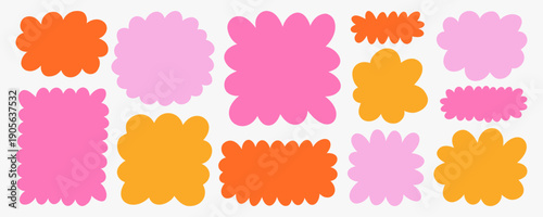 Collection of hand drawn blob and cloud shapes. Simple rounded forms with outline and flat colors. Ideal for UI design, stickers, labels, banners, kids projects and creative layouts.