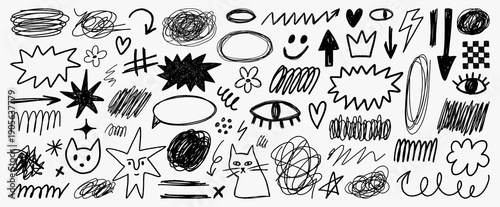 Sketchy doodle elements set in hand drawn style. Expressive lines, messy marks and symbols for graphic design, branding and digital projects.