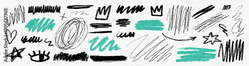 Hand drawn doodle speech bubbles and symbols set in crayon style. Sketchy shapes, hearts and clouds with rough texture, perfect for messages, quotes, highlights and playful graphic design.