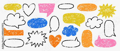 Hand drawn doodle speech bubbles and symbols set in crayon style. Sketchy shapes, hearts and clouds with rough texture, perfect for messages, quotes, highlights and playful graphic design.