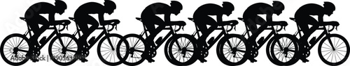 Black and white cycling silhouette set featuring seven professional racers in aerodynamic formation for competitive road bike sports graphic design