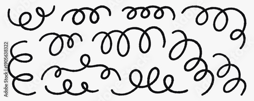 Hand-drawn vector set of abstract curly scribble lines and loops. Playful wavy strokes and spiral doodles for decoration, branding and digital projects.
