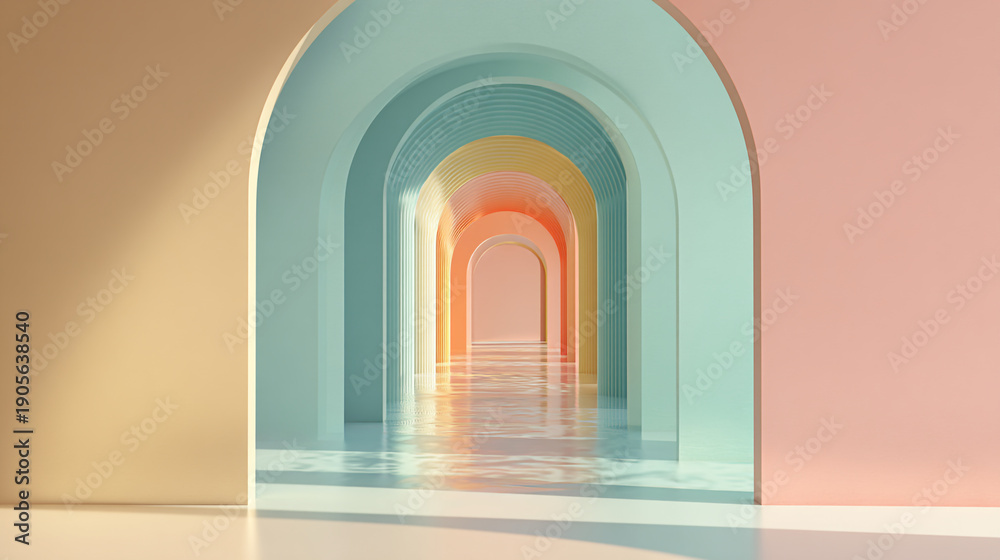 Fototapeta premium Abstract pastel arch corridor with water reflection and light