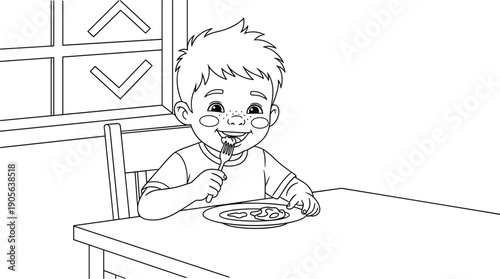 Black and white line drawing, young boy sitting at table, eating with fork, happy child, coloring book page, minimalist illustration,