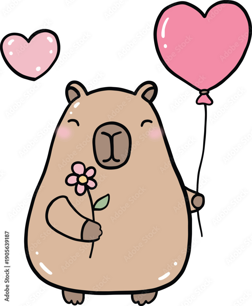 Fototapeta premium Cute Capybara Holding Heart Balloon, Valentine’s Day Illustration