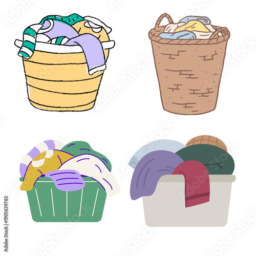 Plastic and Wicker Laundry Baskets with Dirty Clothes