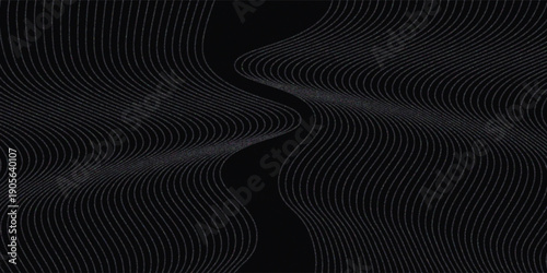 Flowing dot particles light wave pattern halftone blue and green gradient smooth curve shape isolated on black background. Vector in concept of technology, science, music,