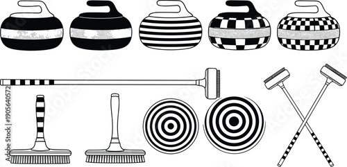 Minimalist curling equipment illustration featuring stones, brushes, brooms, and target rings in black and white vector style for winter sports design