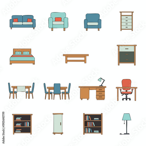Collection of Modern Furniture and Home Decor Icons for Interior Design