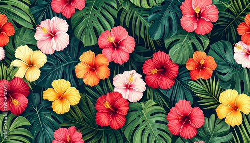Vibrant, colorful hibiscus blooms amid verdant monstera leaves in a dense, seamless botanical jungle pattern