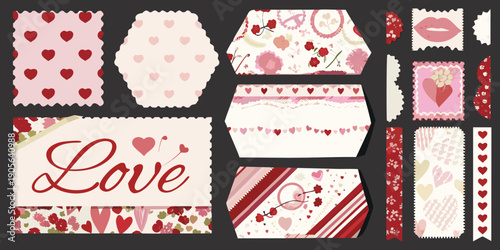 Collection of romantic patterned paper shapes and valentine s day motifs