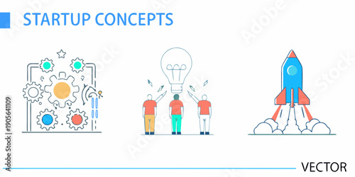 Startup concepts illustration gears ideas people and a rocket launch