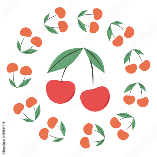 Cute vector round frame of red cherries and cherries. Cute hand-drawn wreath isolated on white background, perfect for invitations, cards and seasonal decor.