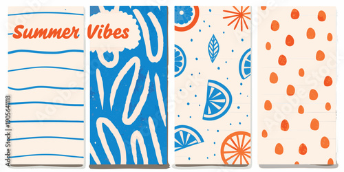 Four colorful summer themed patterned panels with fruit and abstract designs