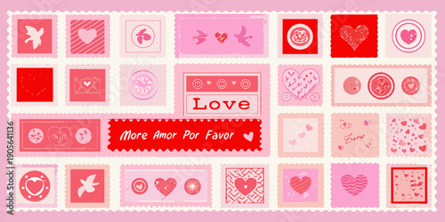 A collection of pixelated postage stamps featuring hearts and love themes